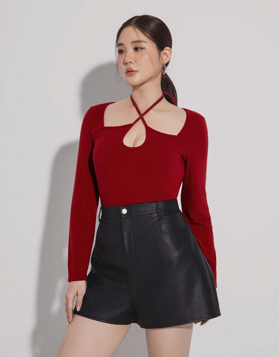 Cut Out Front Long Sleeve Top with Crisscross Neck Tie Detail Cut Out Front Long Sleeve Top with Crisscross Neck Tie Detail