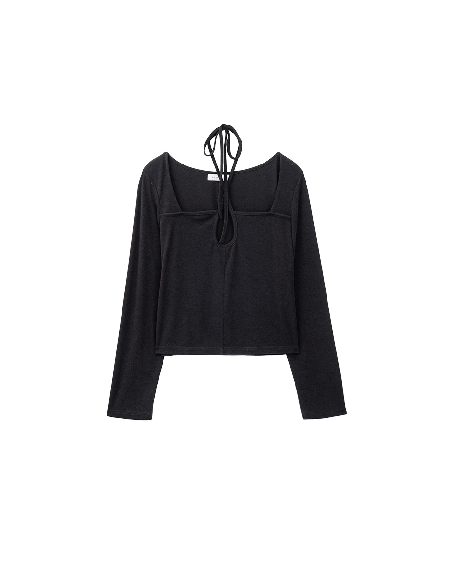 Cut Out Front Long Sleeve Top with Crisscross Neck Tie Detail Cut Out Front Long Sleeve Top with Crisscross Neck Tie Detail