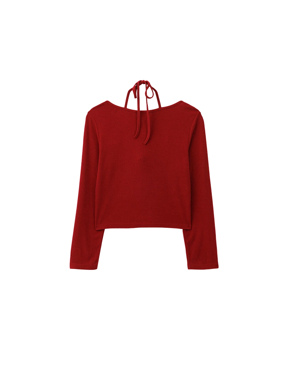 Cut Out Front Long Sleeve Top with Crisscross Neck Tie Detail Cut Out Front Long Sleeve Top with Crisscross Neck Tie Detail