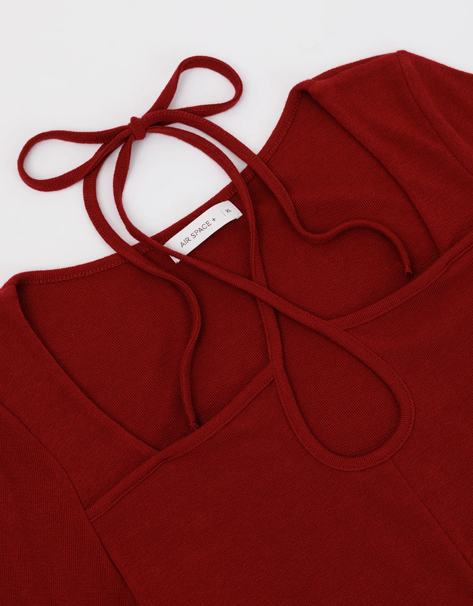 Cut Out Front Long Sleeve Top with Crisscross Neck Tie Detail Cut Out Front Long Sleeve Top with Crisscross Neck Tie Detail