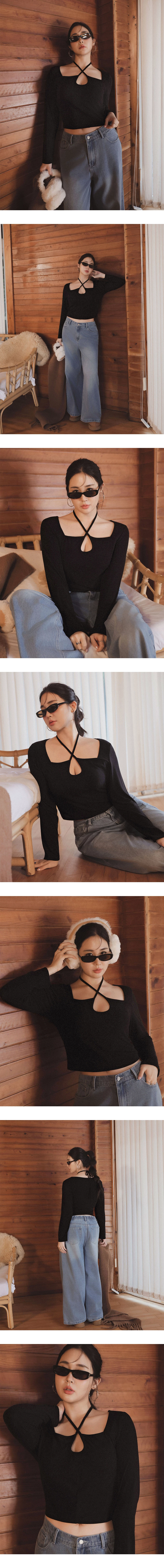 Cut Out Front Long Sleeve Top with Crisscross Neck Tie Detail Cut Out Front Long Sleeve Top with Crisscross Neck Tie Detail