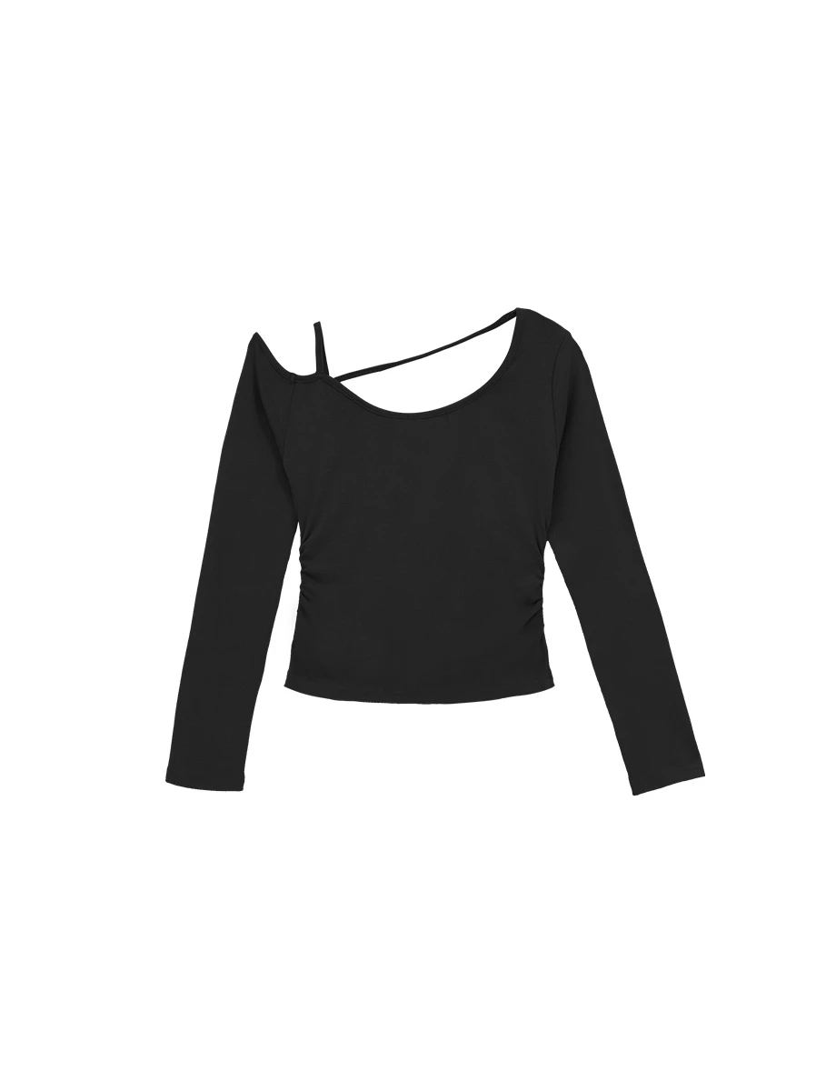 One Shoulder Asymmetric Strap Cut Out Long Sleeve Crop Top