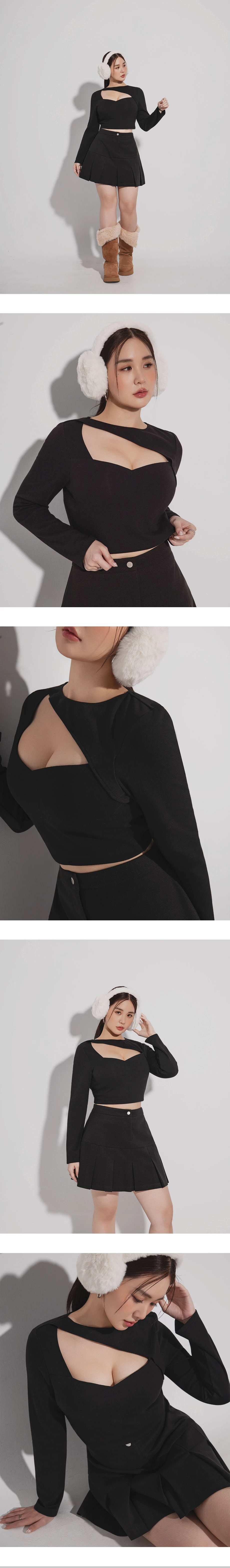 【Heat Tech】Long Sleeve Asymmetric Cut Out Neckline Fitted Padded Bra Top 【Heat Tech】Long Sleeve Asymmetric Cut Out Neckline Fitted Padded Bra Top