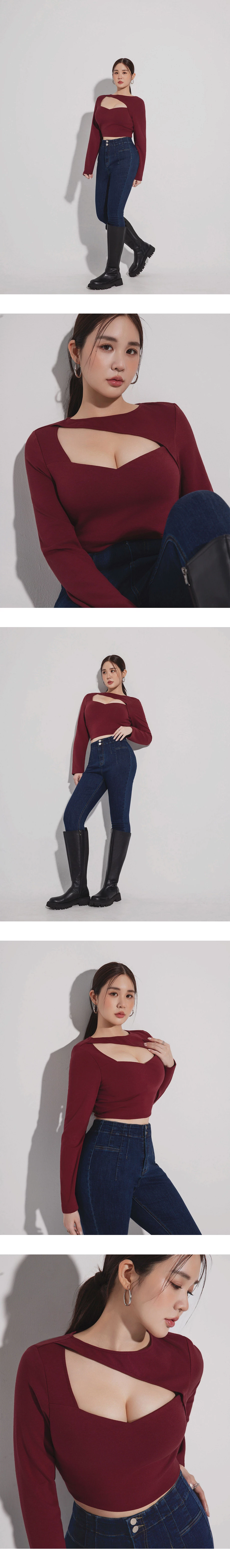 【Heat Tech】Long Sleeve Asymmetric Cut Out Neckline Fitted Padded Bra Top 【Heat Tech】Long Sleeve Asymmetric Cut Out Neckline Fitted Padded Bra Top