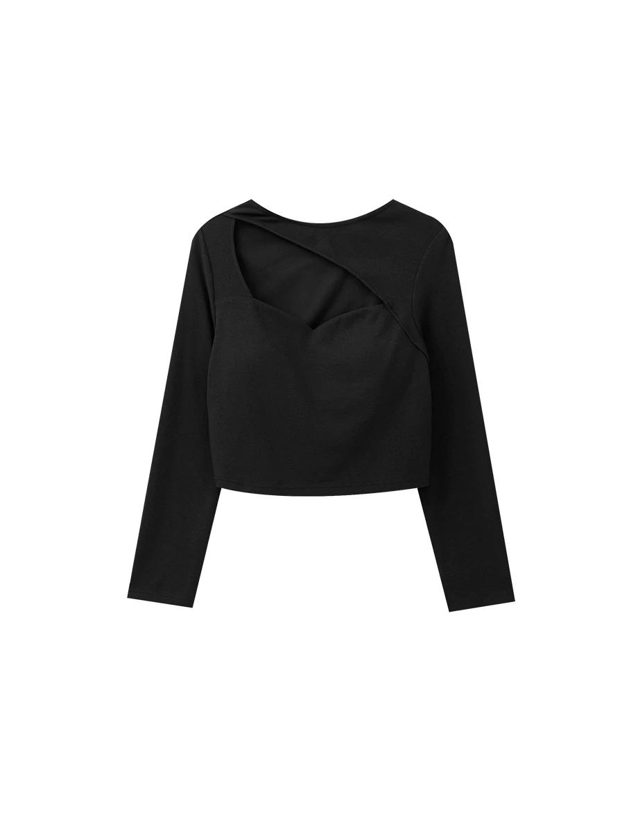 【Heat Tech】Long Sleeve Asymmetric Cut Out Neckline Fitted Padded Bra Top 【Heat Tech】Long Sleeve Asymmetric Cut Out Neckline Fitted Padded Bra Top