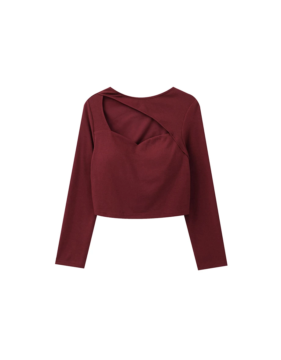 【Heat Tech】Long Sleeve Asymmetric Cut Out Neckline Fitted Padded Bra Top 【Heat Tech】Long Sleeve Asymmetric Cut Out Neckline Fitted Padded Bra Top