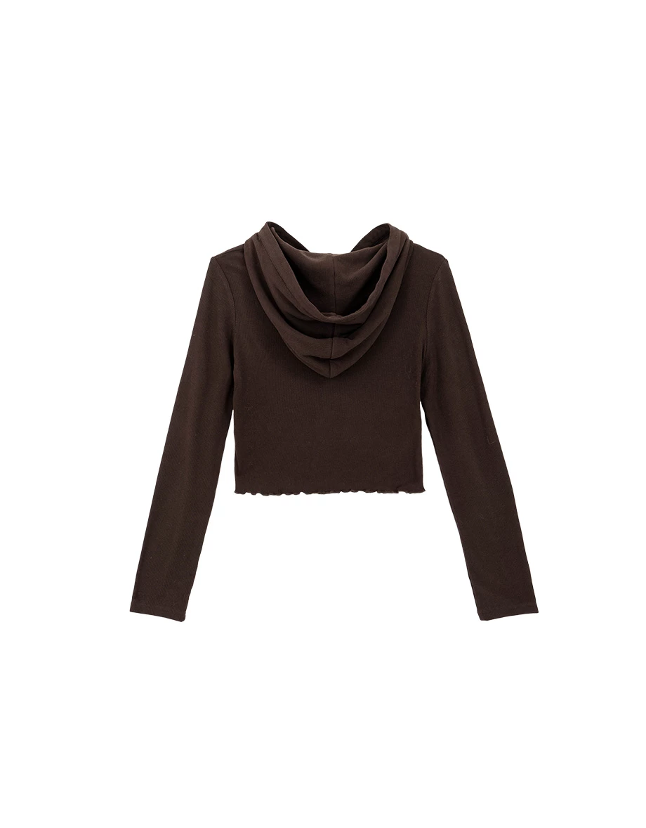 Ruffled Hem Ribbed Button Front Cropped Hooded Jacket Ruffled Hem Ribbed Button Front Cropped Hooded Jacket