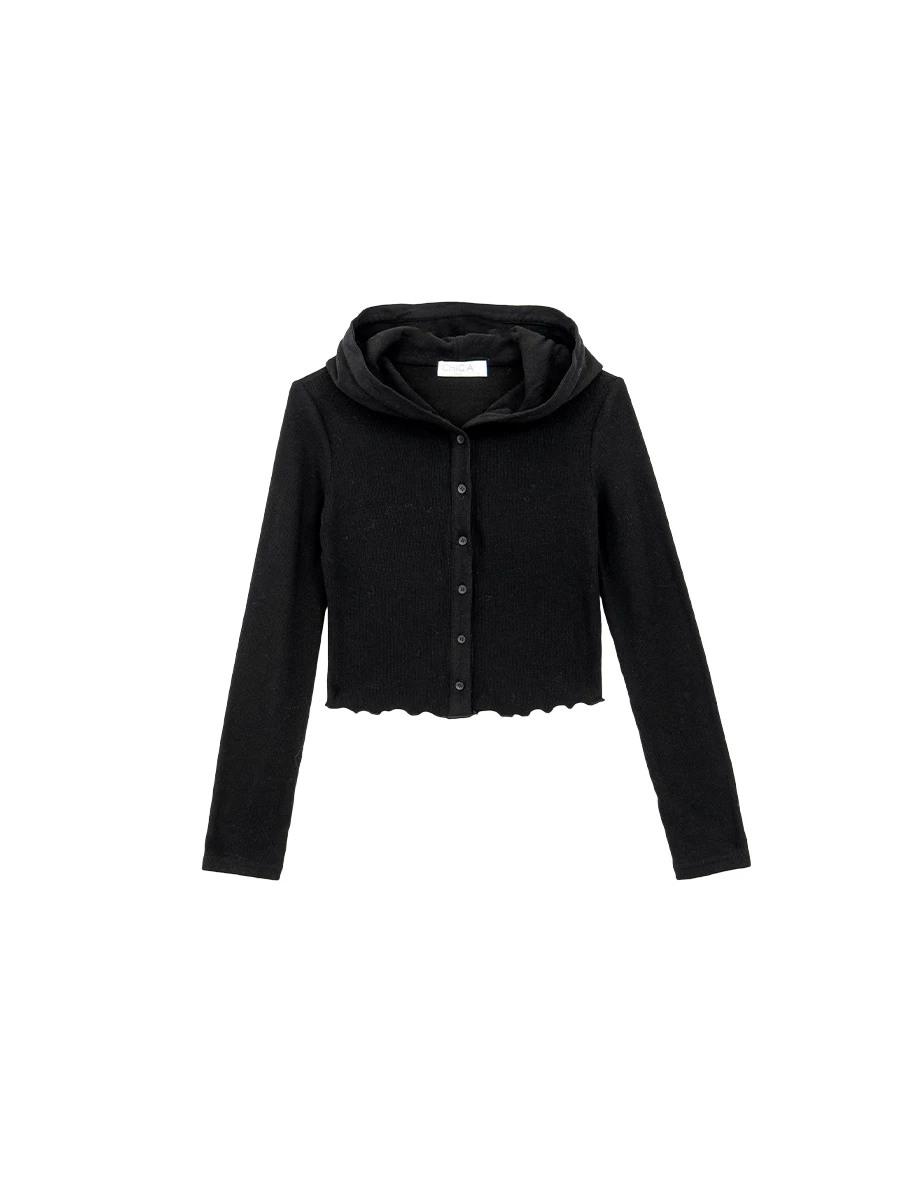 Ruffled Hem Ribbed Button Front Cropped Hooded Jacket