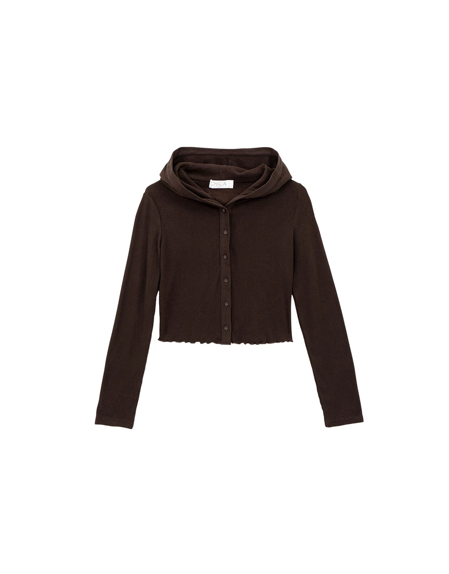 Ruffled Hem Ribbed Button Front Cropped Hooded Jacket