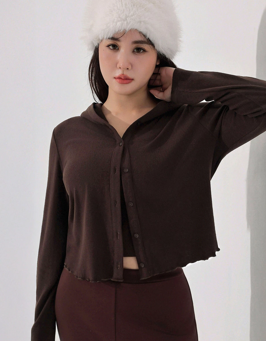 Ruffled Hem Ribbed Button Front Cropped Hooded Jacket