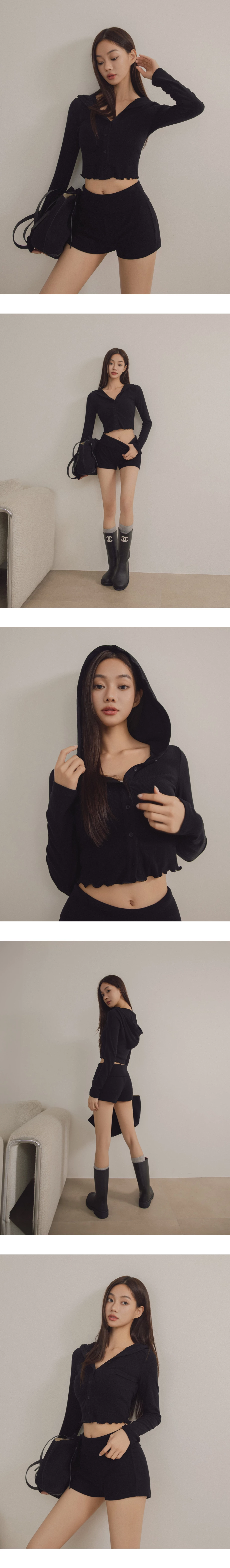 Ruffled Hem Ribbed Button Front Cropped Hooded Jacket Ruffled Hem Ribbed Button Front Cropped Hooded Jacket