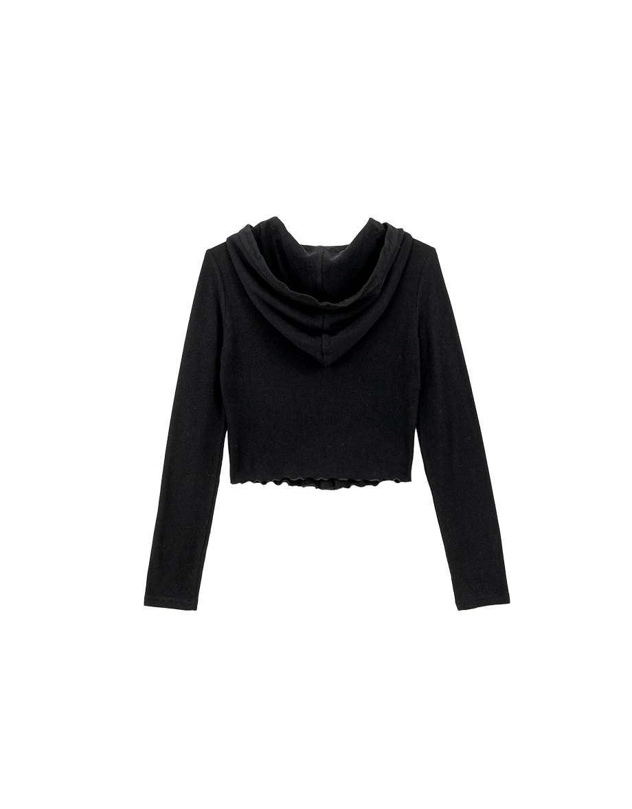 Ruffled Hem Ribbed Button Front Cropped Hooded Jacket