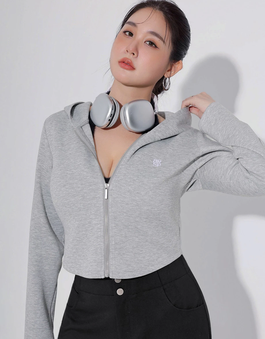 【AIRY HOURGLASS】AIR SPACE Logo Embroidery Cropped Zip Up Hooded Fitted Knit Jacket