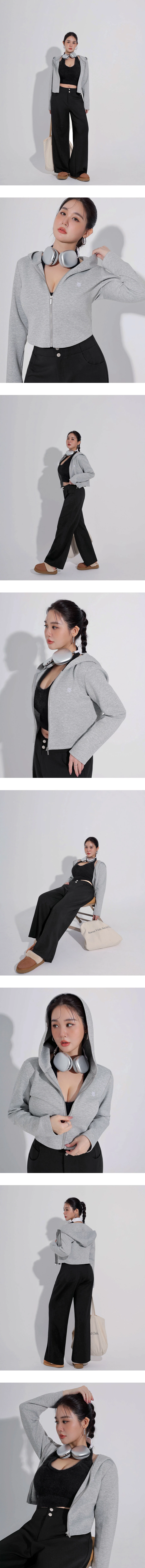 【AIRY HOURGLASS】AIR SPACE Logo Embroidery Cropped Zip Up Hooded Fitted Knit Jacket