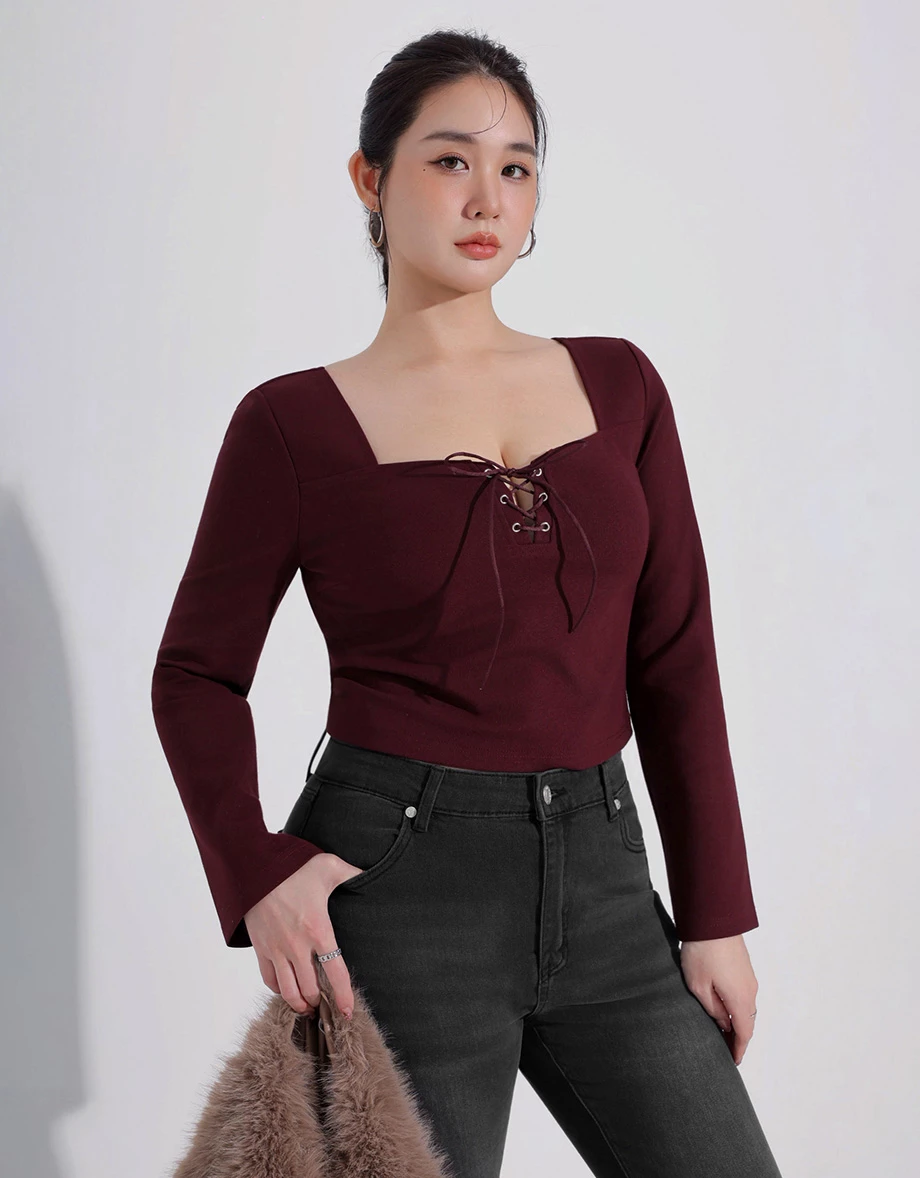Square Neck Lace Up Cropped Top with Flared Sleeves