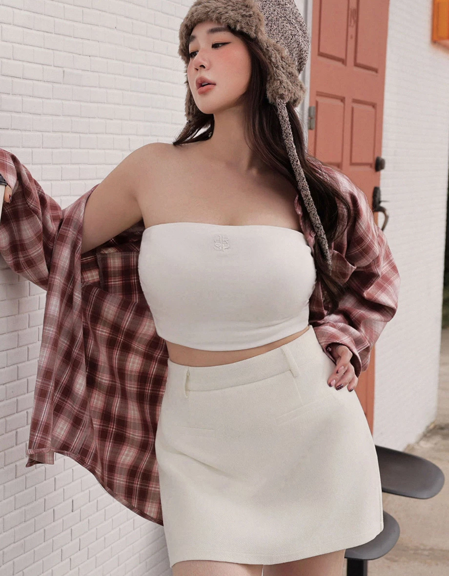 AIR SPACE Logo Embroidery Side Ruched Fleece Lined Bandeau Padded Tube Top