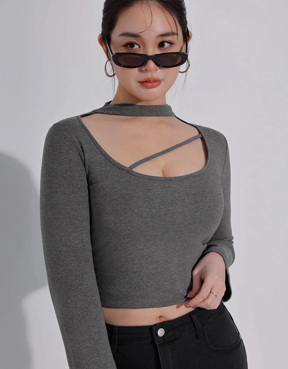 Asymmetric Cut Out Choker Neck Cropped Top