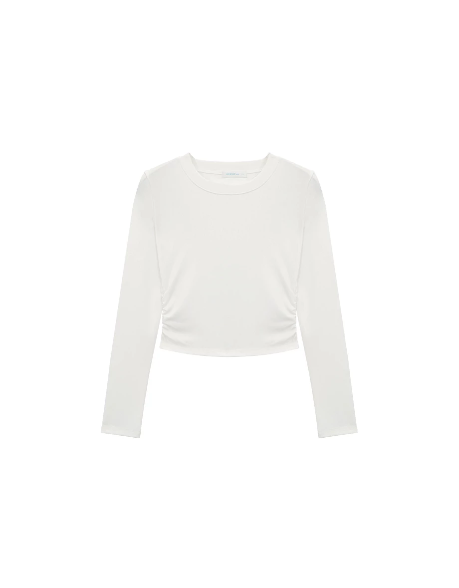 Crew Neck Side Ruched Stretch Long Sleeve Crop Top