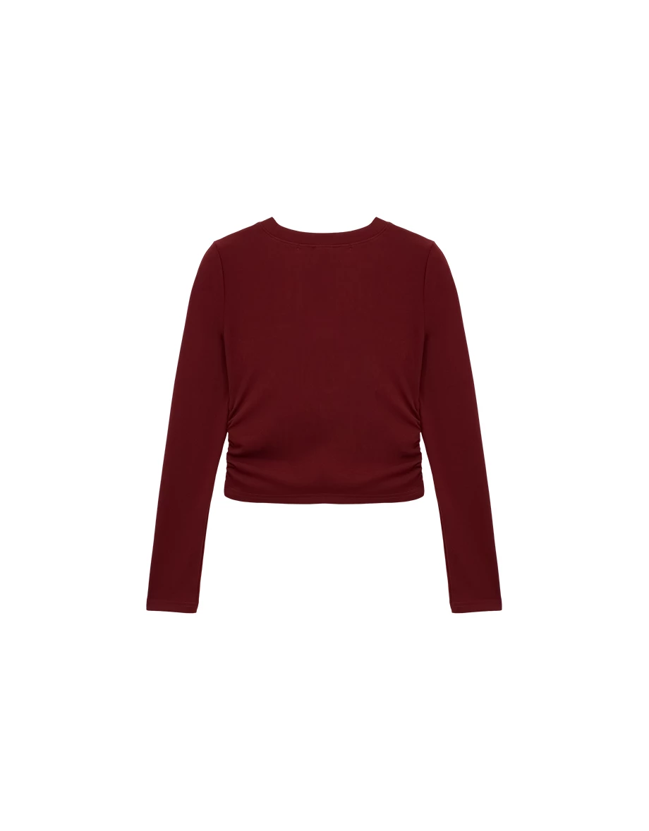 Crew Neck Side Ruched Stretch Long Sleeve Crop Top