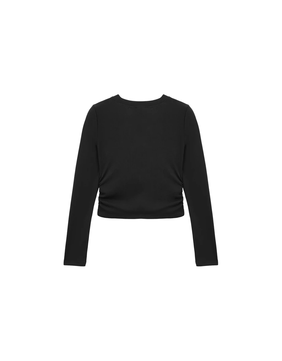 Crew Neck Side Ruched Stretch Long Sleeve Crop Top