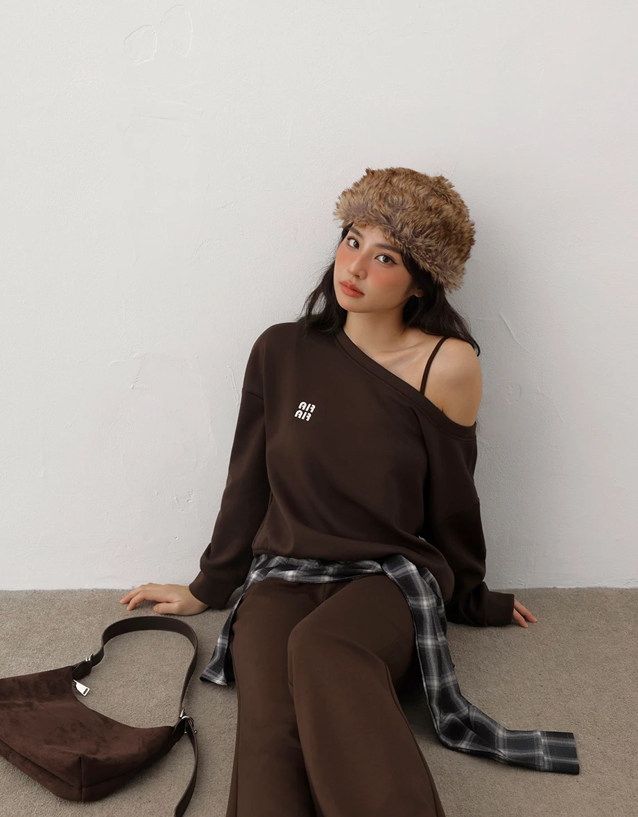 Fleece Lined Oversized One Shoulder Sweatshirt with AIR SPACE Logo Embroidery