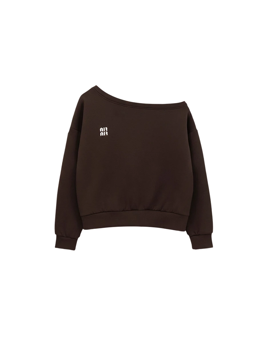 Fleece Lined Oversized One Shoulder Sweatshirt with AIR SPACE Logo Embroidery Fleece Lined Oversized One Shoulder Sweatshirt with AIR SPACE Logo Embroidery