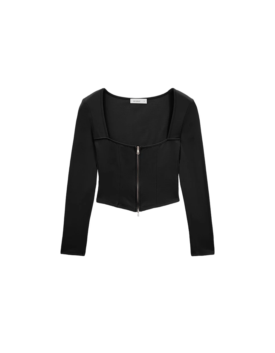 Zip Up Square Neck Long Sleeve Crop Top Zip Up Square Neck Long Sleeve Crop Top