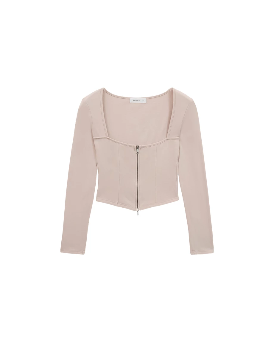 Zip Up Square Neck Long Sleeve Crop Top Zip Up Square Neck Long Sleeve Crop Top
