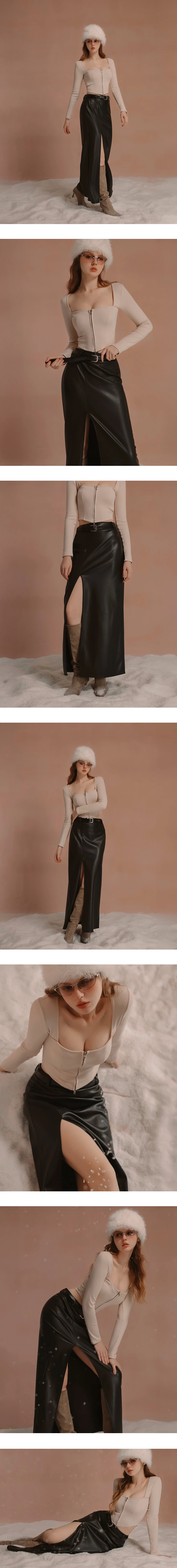 【Heat Tech】Faux Leather High Waist Front Slit Straight Maxi Skirt (with Belt)