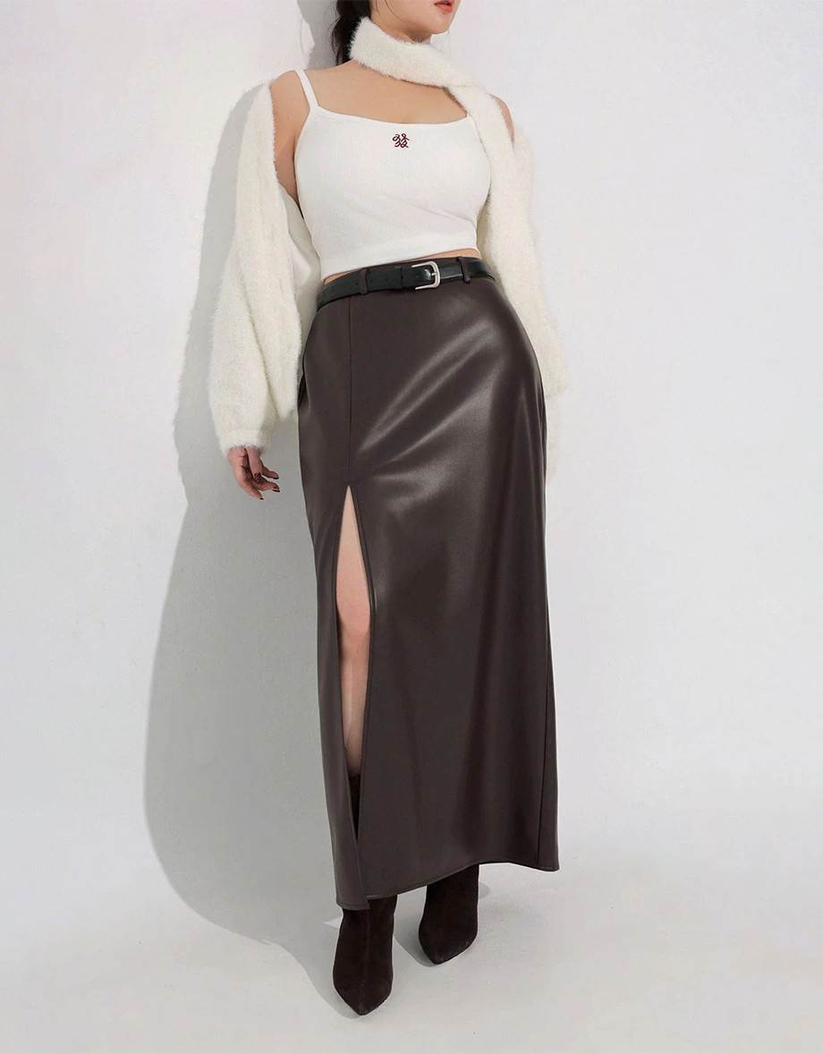 【Heat Tech】Faux Leather High Waist Front Slit Straight Maxi Skirt (with Belt)