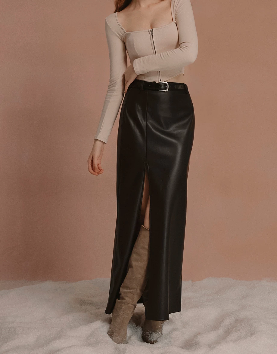【Heat Tech】Faux Leather High Waist Front Slit Straight Maxi Skirt (with Belt)