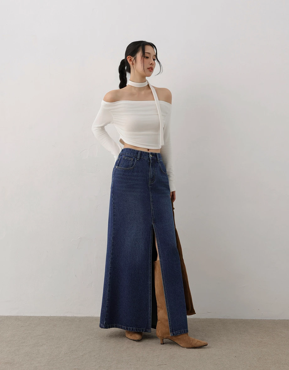 Front Slit Vintage Wash High Waist Jeans Denim Mermaid Maxi Skirt