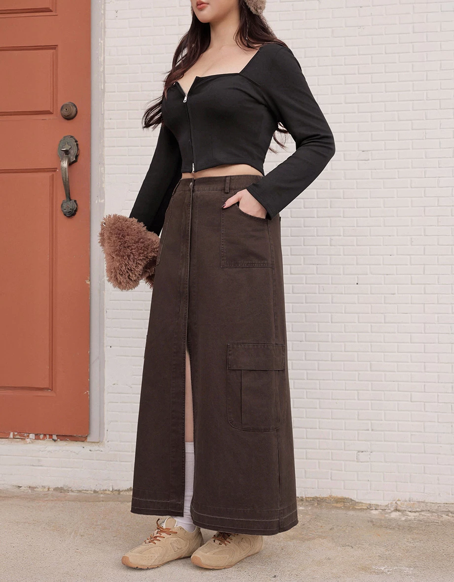 High Waist Front Slit Cargo Straight Maxi Skirt