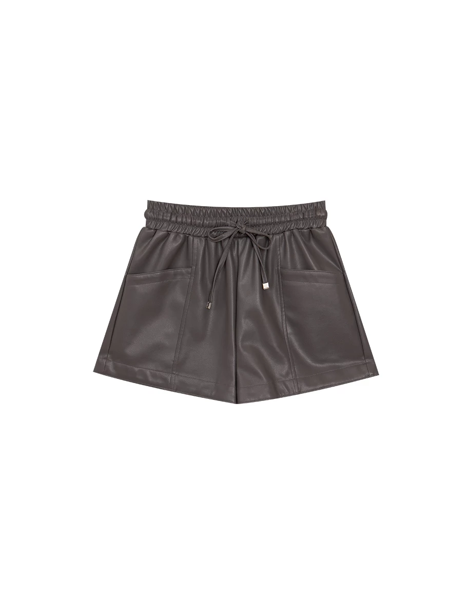 Faux Leather Drawstring High Waist Shorts with Pockets