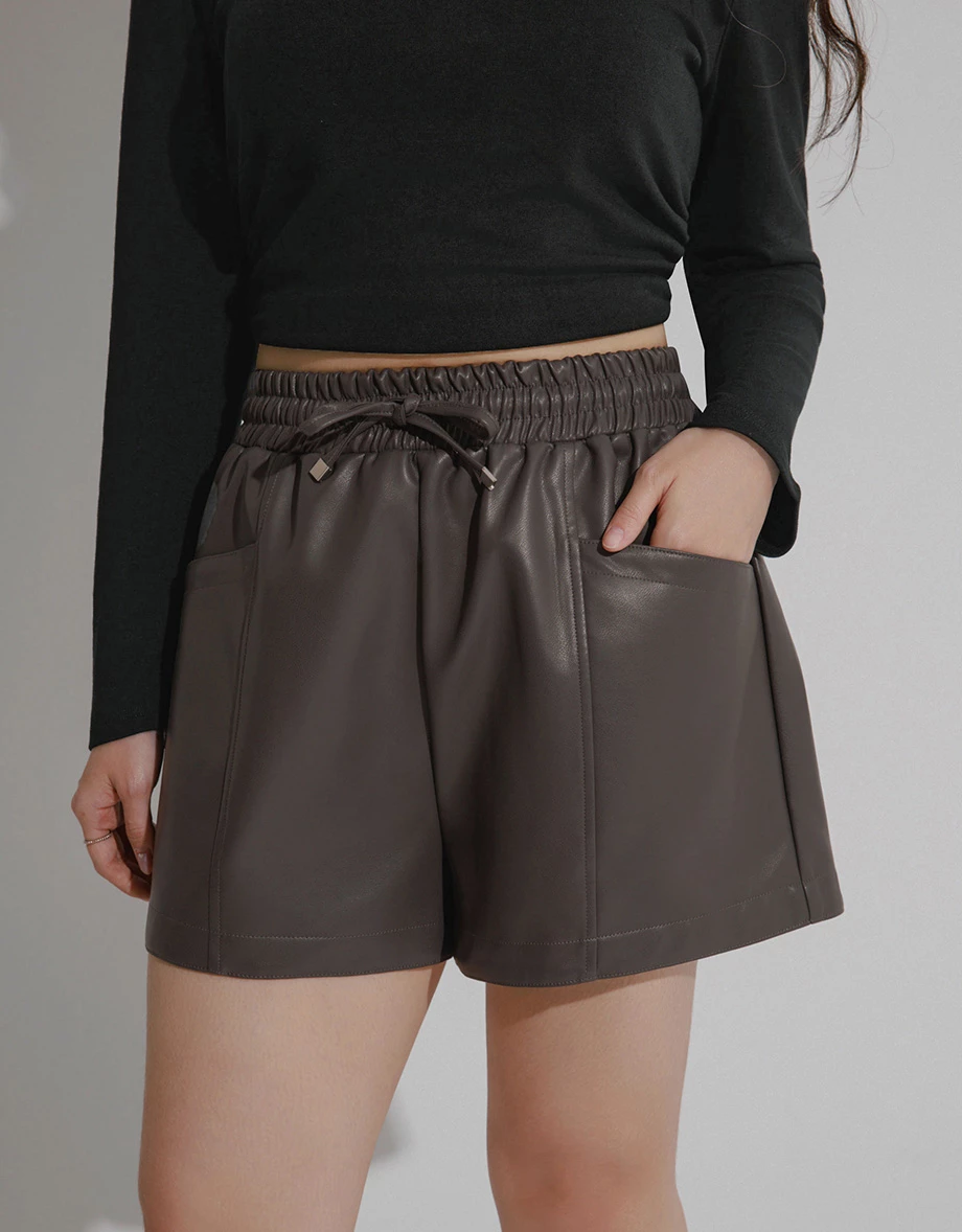 Faux Leather Drawstring High Waist Shorts with Pockets