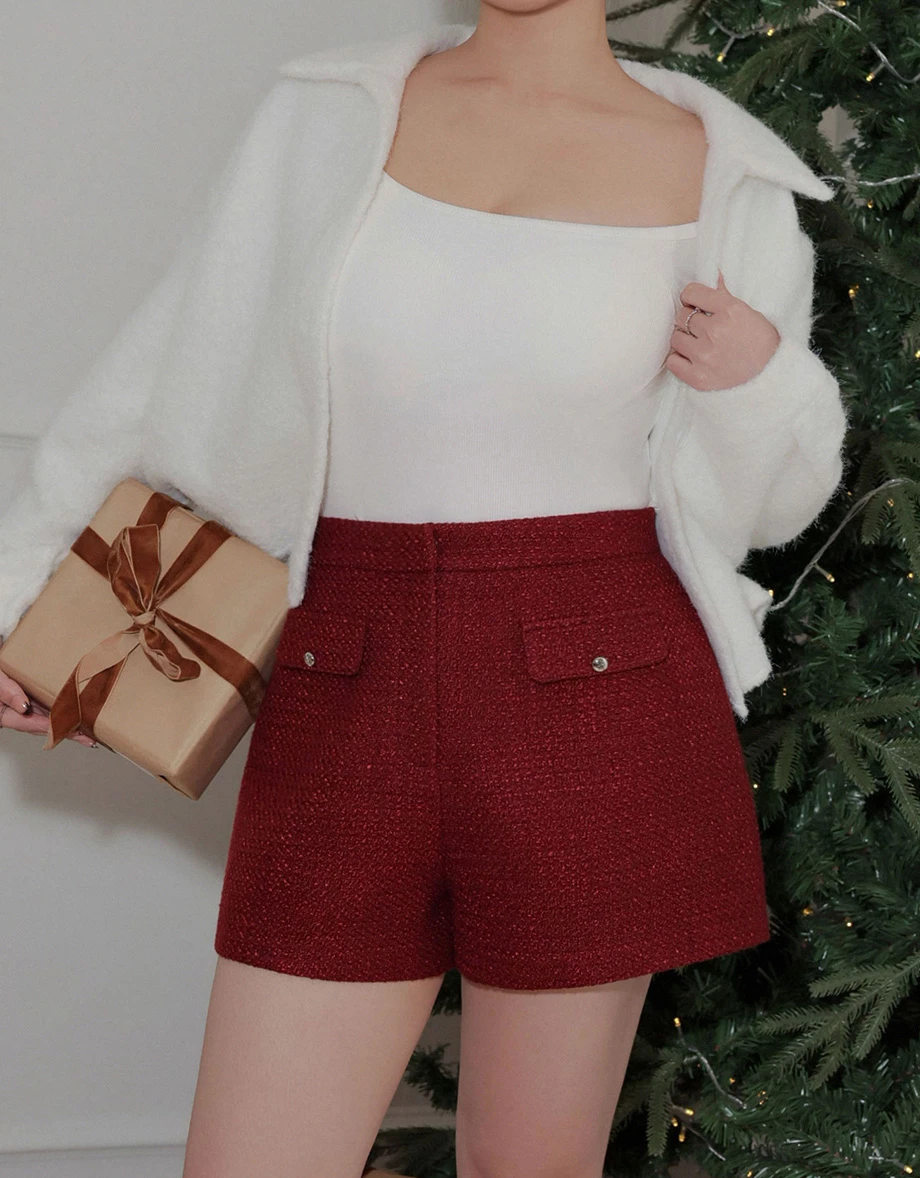 Tweed Texture High Waist Flap Pocket Shorts Tweed Texture High Waist Flap Pocket Shorts