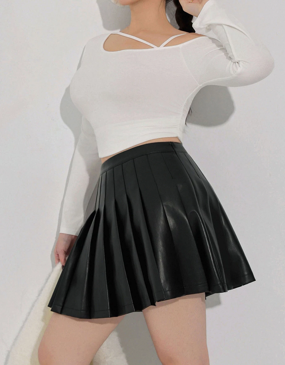 High Waist Faux Leather Pleated Mini Skirt