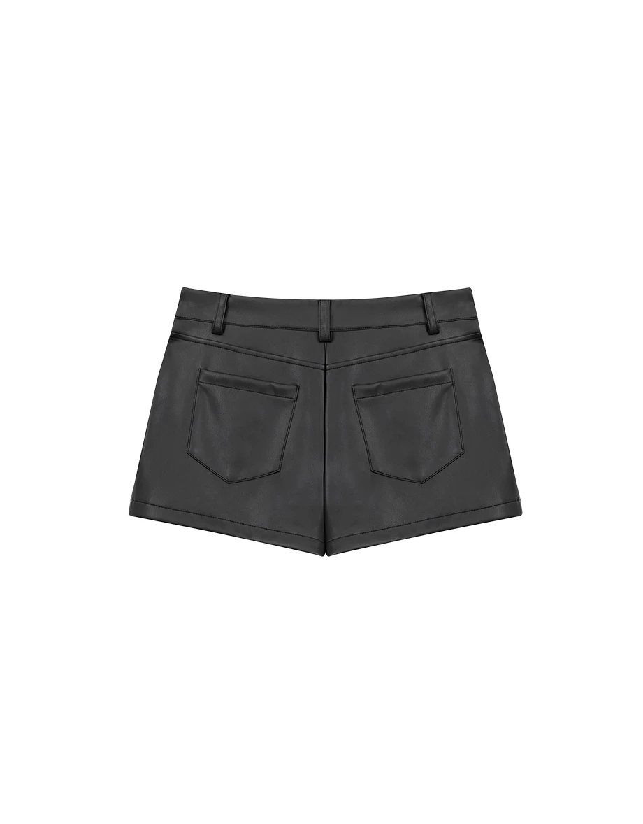 【Heat Tech】Tailored High Waist Faux Leather Shorts with Pockets