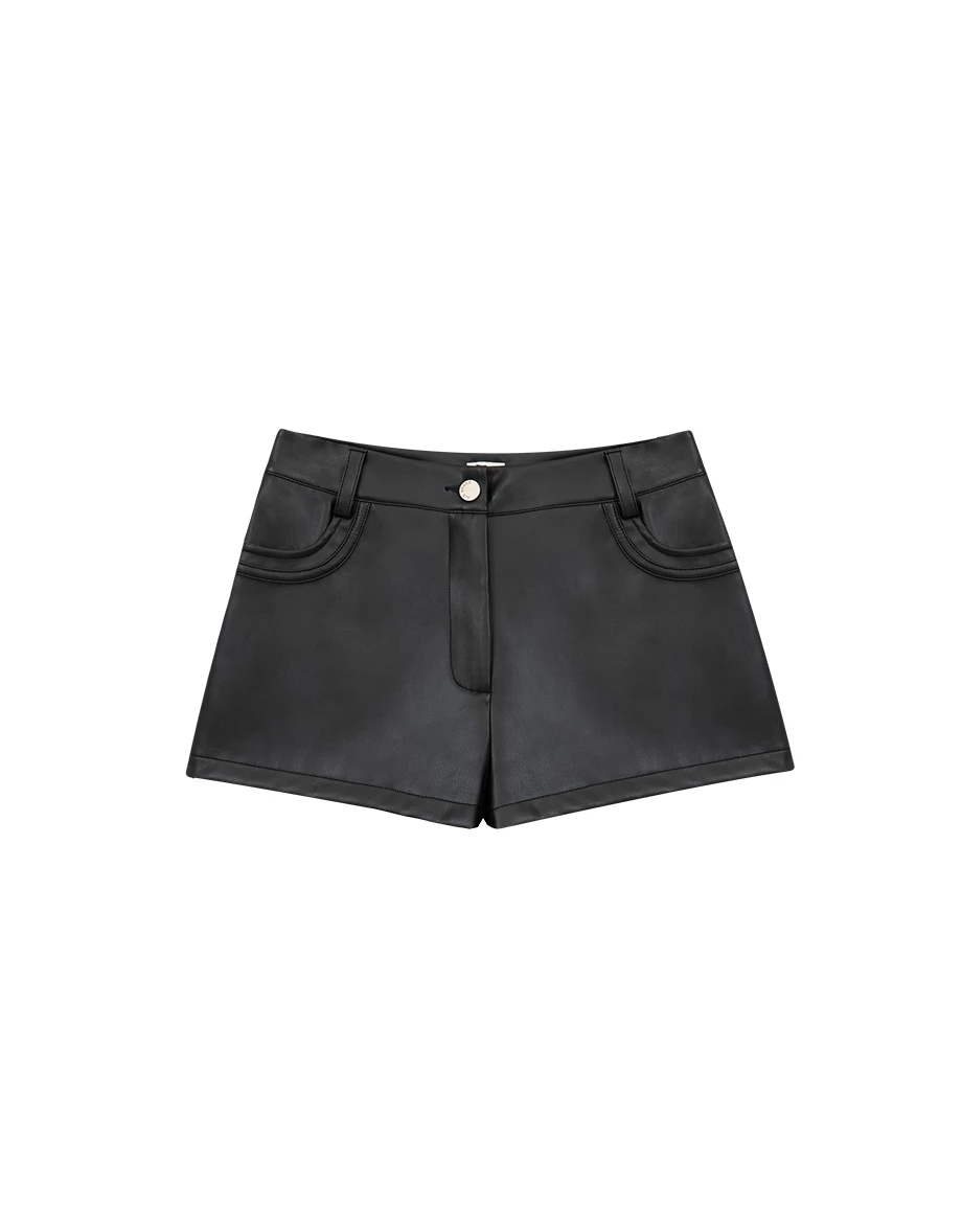 【Heat Tech】Tailored High Waist Faux Leather Shorts with Pockets