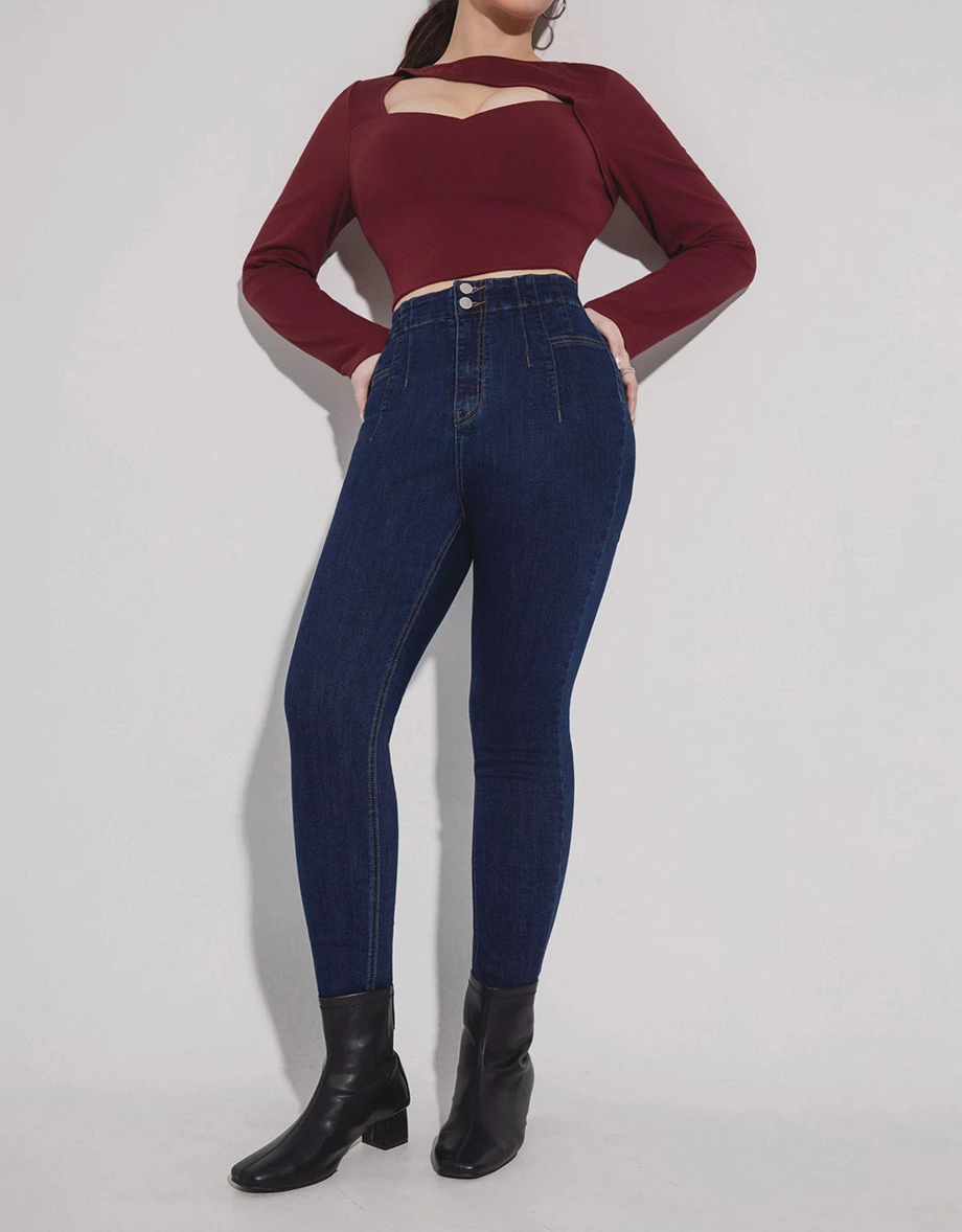 Structured Front Pleated High Waist Fit Skinny Jeans Denim Pants Structured Front Pleated High Waist Fit Skinny Jeans Denim Pants