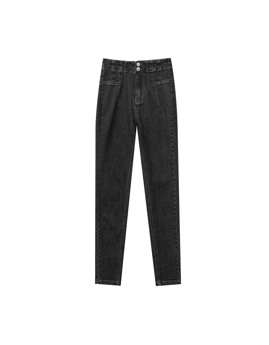 Structured Front Pleated High Waist Fit Skinny Jeans Denim Pants