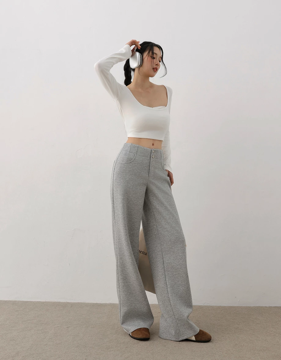 【AIRY HOURGLASS】Perfect Waistline Double Button Straight Wide Leg Sweat Pants