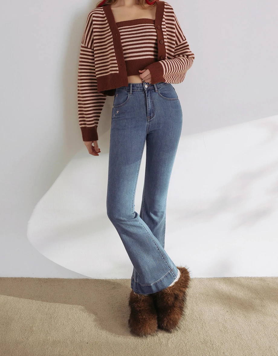 Star Studded High Waisted Slim Flare Jeans Denim Pants Star Studded High Waisted Slim Flare Jeans Denim Pants