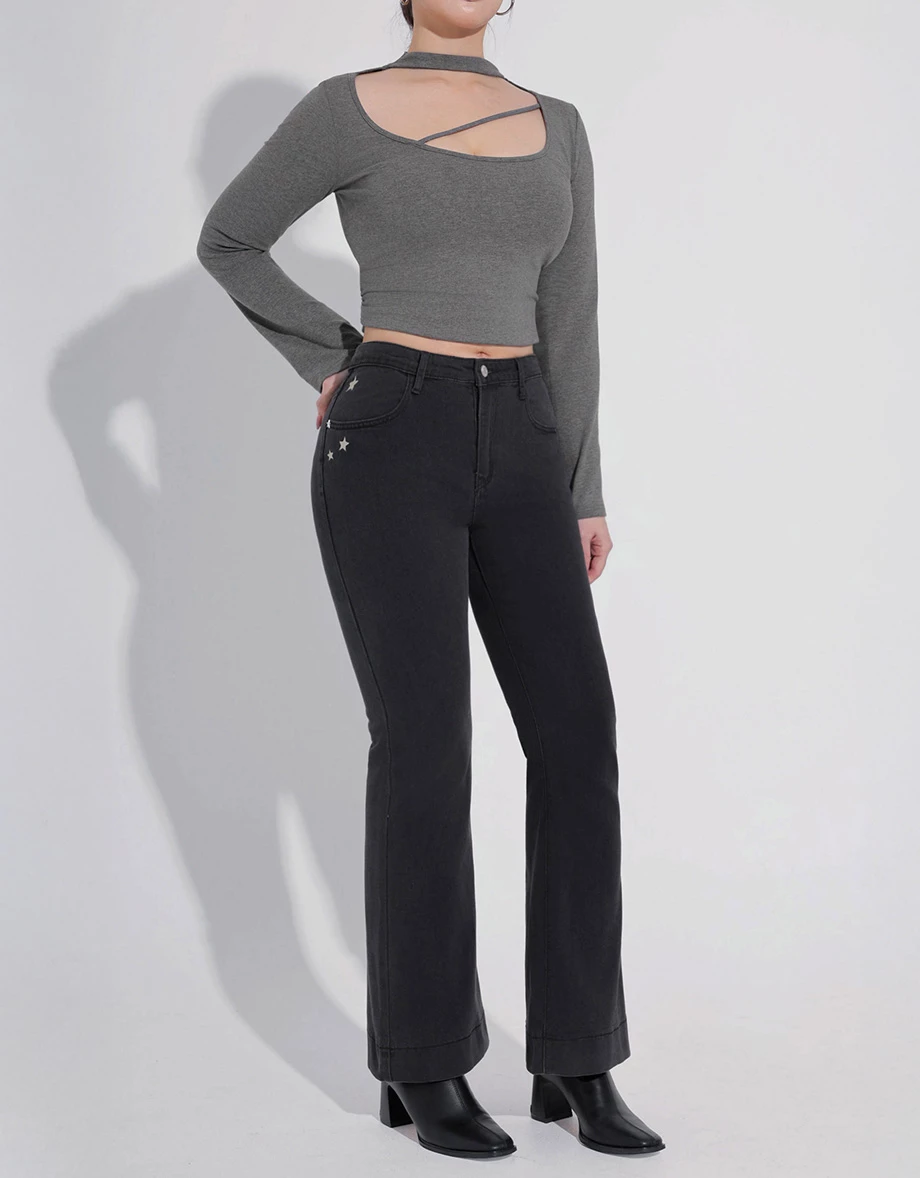 Star Studded High Waisted Slim Flare Jeans Denim Pants