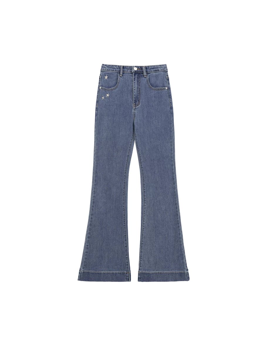 Star Studded High Waisted Slim Flare Jeans Denim Pants