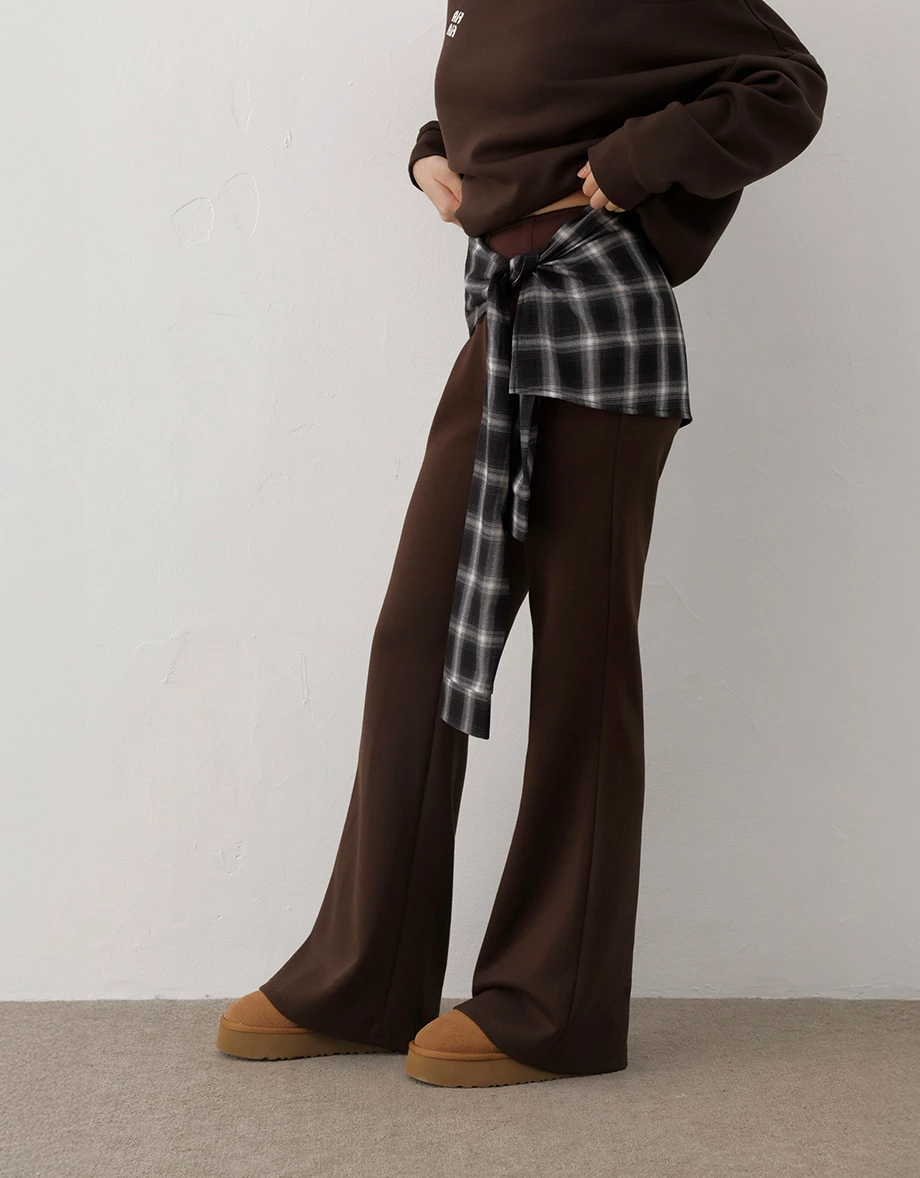 Flared Hem Mid Rise Trousers Pants (with Plaid Removable Waist Wrap Skirt)