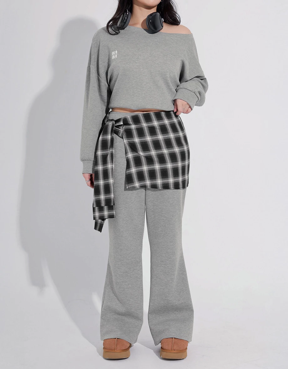 Flared Hem Mid Rise Trousers Pants (with Plaid Removable Waist Wrap Skirt)