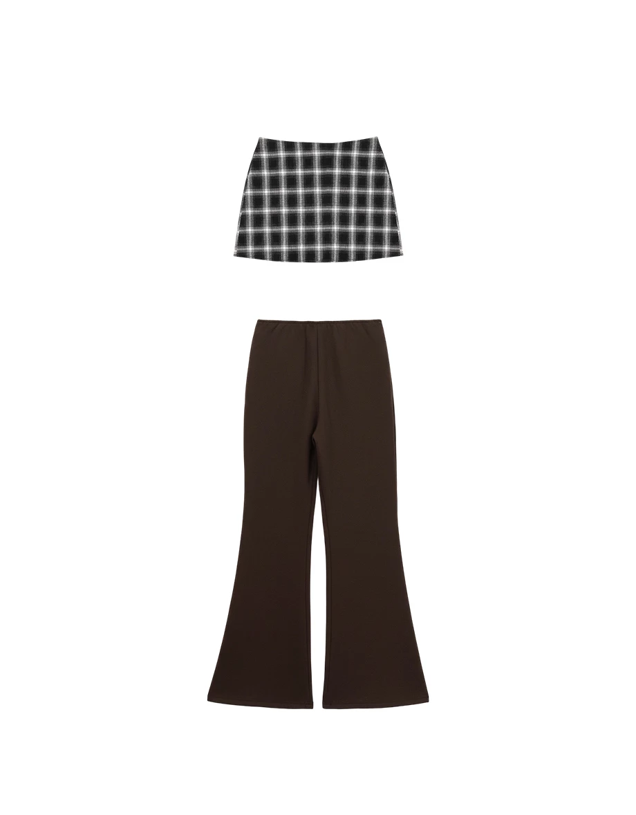 Flared Hem Mid Rise Trousers Pants (with Plaid Removable Waist Wrap Skirt) Flared Hem Mid Rise Trousers Pants (with Plaid Removable Waist Wrap Skirt)
