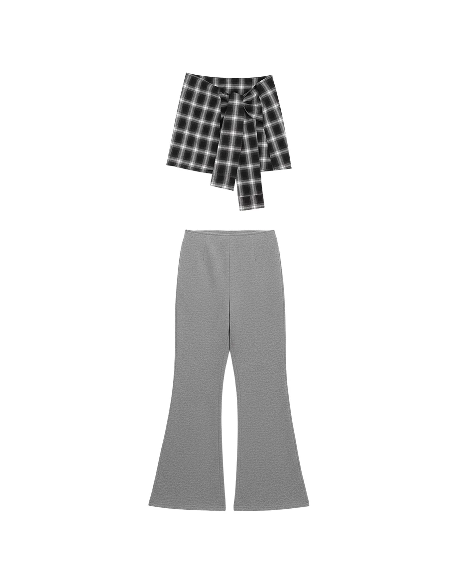 Flared Hem Mid Rise Trousers Pants (with Plaid Removable Waist Wrap Skirt)