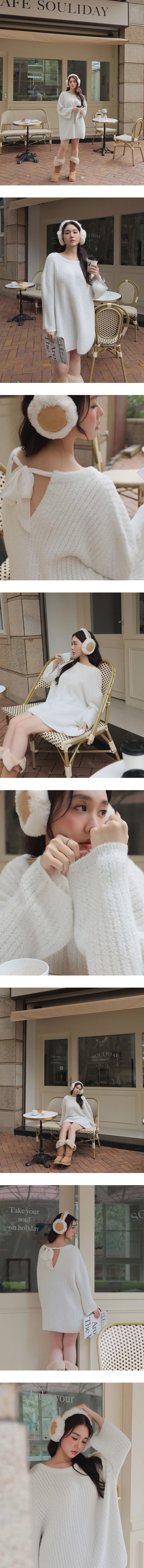 Fuzzy Knit Open Back Bow Tie Mini Dress